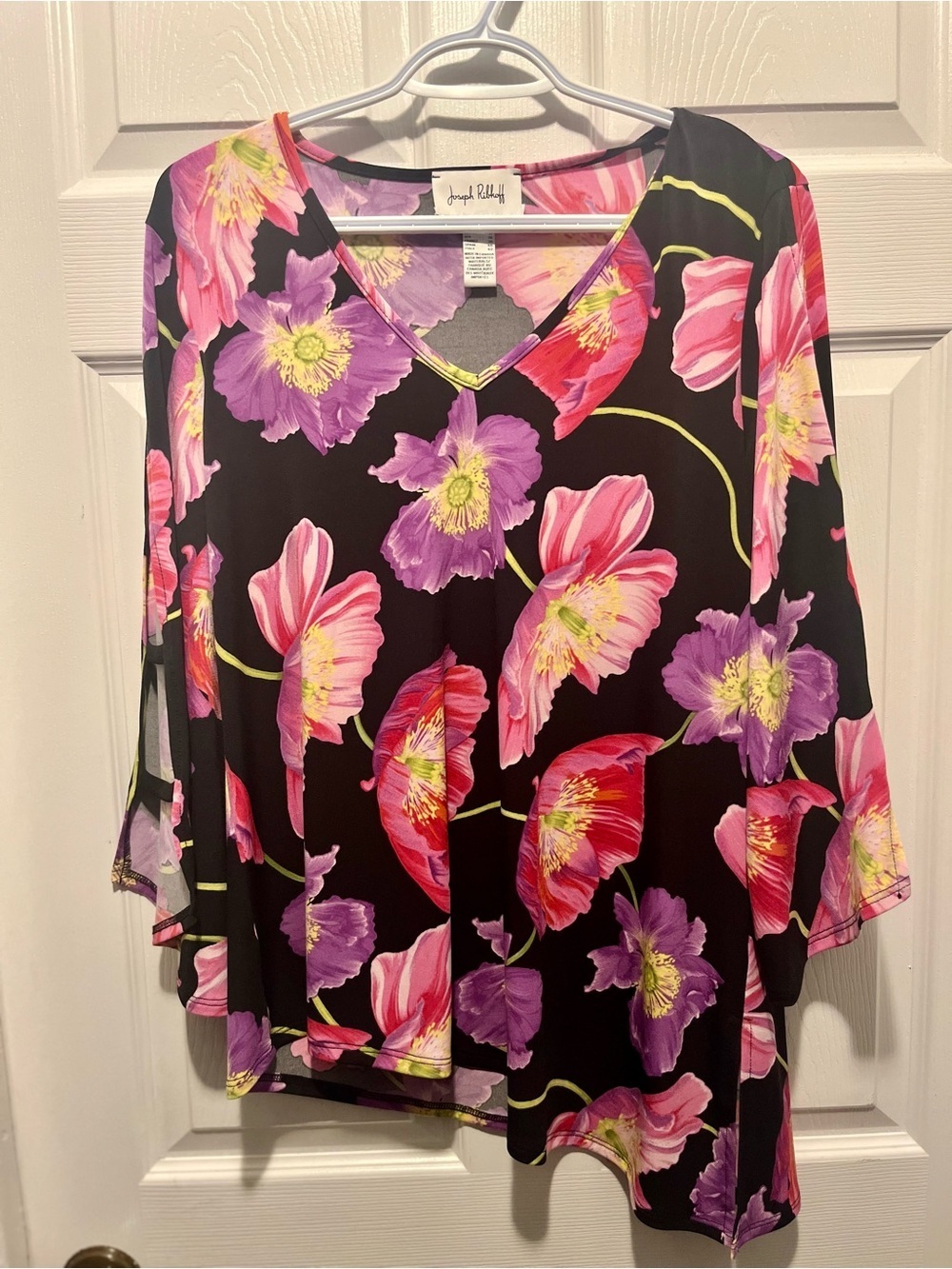 Joseph Ribkoff Top Blouse Floral Black 8 Medium Long Open Sleeve asymmetrical - Picture 7 of 8